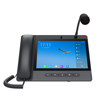 Teléfono IP Android 9.0 Empresarial para voceo 20 líneas SIP, pantalla táctil, Wi-Fi y Bluetooth, PoE, Voceo  Musica por Multicast, puertos Gigabit, soporta recepción de video.