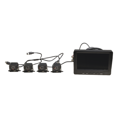 Sistema de Monitoreo Local   4 Cámaras 1080p para Exterior (IP68) y Pantalla LCD de 7" a Color   Memoria Micro SD de 64 GB (Expandible a 512 GB)   Soporta Cambio de Cámara al Dar Reversa al Vehiculo   Accesorios de Instalación