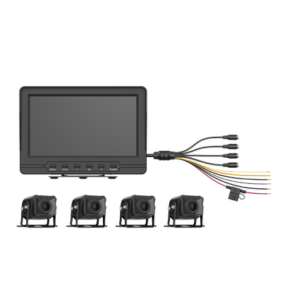 Sistema de Monitoreo Local   4 Cámaras 1080p para Exterior (IP68) y Pantalla LCD de 7" a Color   Memoria Micro SD de 64 GB (Expandible a 512 GB)   Soporta Cambio de Cámara al Dar Reversa al Vehiculo   Accesorios de Instalación