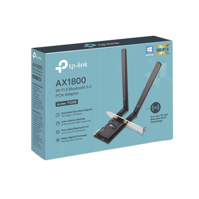 Adaptador  PCIe inalámbrico doble banda AX1800 Mbps   Seguridad Inalámbrica WPA3  Antena de alta ganancia   Tecnología MU-MUMO 2X2   Soporte de perfil bajo y Altura completa   Bluetooth 5.2