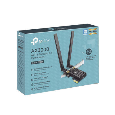Adaptador PCIe inalámbrico doble banda AX3000 Mbps   Seguridad Inalámbrica WPA3  Antena de alta ganancia   Tecnología MU-MUMO 2X2   Soporte de perfil bajo y Altura completa   Bluetooth 5.2