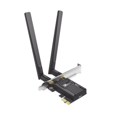 Adaptador PCIe inalámbrico doble banda AX3000 Mbps   Seguridad Inalámbrica WPA3  Antena de alta ganancia   Tecnología MU-MUMO 2X2   Soporte de perfil bajo y Altura completa   Bluetooth 5.2
