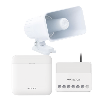 (AXPRO) KIT de alarma AX PRO con sirena cableada 30W   Incluye: 1 Hub con Batería de respaldo   1 Sirena Cableada de 30 Watts IP65   1 Relevador Inalámbrico 0 a 36 VCC   Compatible con Hik-Connect P2P