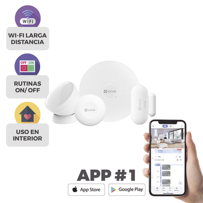 Kit de Alarma Inalambrico   Incluye: 1 Hub, 1 Sensor PIR, 1 Contacto Magnético y 1 Smart Boton   Configuración y Visualización por App Móvil EZVIZ   Protocolo Zigbee