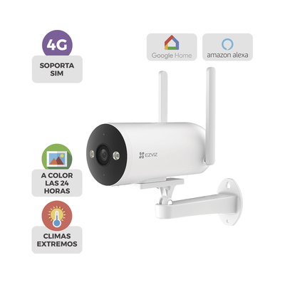 Cámara Bala   4G   Resolución 3 Megapixel (2K)   Visión Nocturna en Color   AI Detección de Humanos y Vehículos   Defensa Activa con Sirena y Luz Estroboscópica   IP67