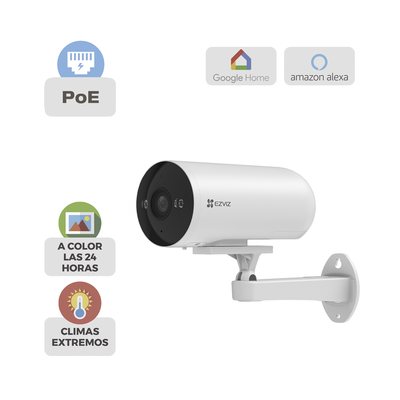 Cámara Exterior Inteligente Color Night Vision   (2K)    AI Detección Humana y Vehicle   H.265   Vision Nocturna a Color   IP67   PoE   Audio Bidireccional   Luz y Sirena