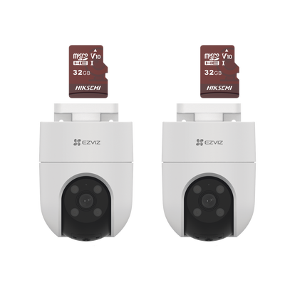 Kit de Camaras WiFi, Incluye 2 Piezas CS-H8C y 2 Piezas HS-TF-E1 32G   Audio de Dos Vías   Detección de Movimiento    Luz Estroboscópica   Sirena     Uso en Exterior con Protección