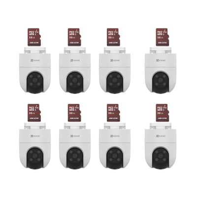 Kit de Camaras WiFi, Incluye 8 Piezas CS-H8C y 8 Piezas HS-TF-E1 32G   Audio de Dos Vías   Detección de Movimiento    Luz Blanca   Sirena     Uso en Exterior con Protección