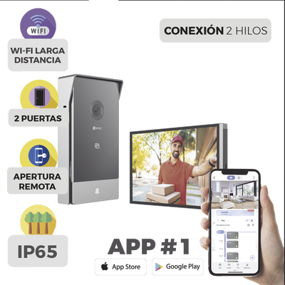 Videoportero IP Conexión a 2 Hilos   Con Monitor Wi-Fi para Interior   Frente de Calle  IP65 Uso En Exterior Debe Tener Protección   Cámara 3 Megapíxel   Llamada a la App   Apertura remota    Soporta 2 Puertas   Ranura para Mic