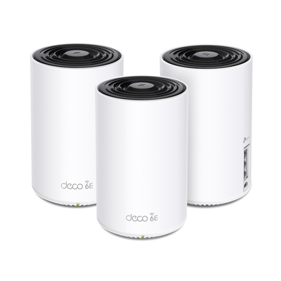Kit 3 Routers Inalámbricos MESH Interior para Hogar   Doble Banda Wi-Fi 6E AX5400 Mbps   3 Puerto Gigabit WAN LAN   4 Antenas Internas   Administración Mediante la App Deco (iOS, Android)   Protección HomeShield