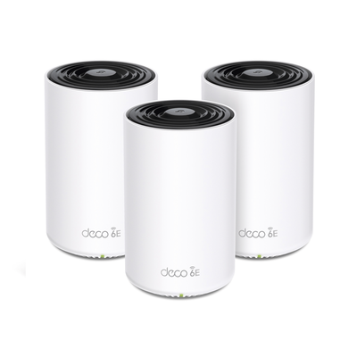 Kit 3 Routers Inalámbricos MESH Interior para Hogar   Doble Banda Wi-Fi 6E AX5400 Mbps   3 Puerto Gigabit WAN LAN   4 Antenas Internas   Administración Mediante la App Deco (iOS, Android)   Protección HomeShield
