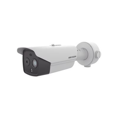 Bala IP Dual   Térmica 9.7 mm ( 256 × 192 )   Óptico 8 mm (4 Megapixel)   30 mts IR   Exterior IP67   PoE   Termométrica   Detección de Temperatura   Sirena y Luz Intermitente Integrada   MicroSD