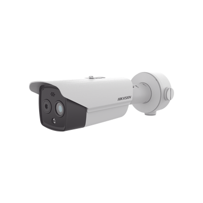 Bala IP Dual   Térmica 6.9 mm (256 x 192)   Óptico 6.4 mm (4 Megapixel)   30 mts IR   Exterior IP67   PoE   Termométrica   Detección de Temperatura   Sirena y Luz Intermitente Integrada   Micro SD