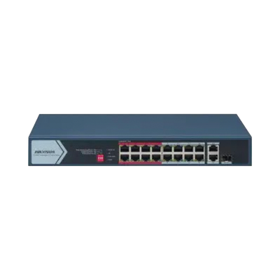 Switch PoE+   No Administrable   16 Puertos 10 100 Mbps PoE+   2 Puertos 1000 Mbps Uplink   1 Puerto SFP Uplink   Modo Extendido hasta 300 Metros   130 W