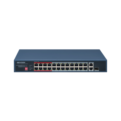 Switch PoE+   No Administrable   24 Puertos 10 100 Mbps PoE+   2 Puertos 1000 Mbps Uplink   1 Puerto SFP Uplink   Modo Extendido hasta 300 Metros   230 W