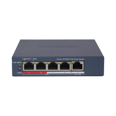 Switch PoE+   Administrable   4 Puertos 10 100 Mbps PoE+   1 Puerto 10 100 Mbps Uplink   Configuración Nube Hik-PartnerPro   Modo Extendido hasta 300 Metros    45 W
