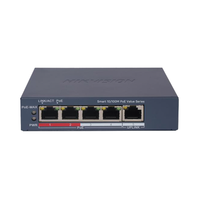 Switch PoE+   Administrable   4 Puertos 10 100 Mbps PoE+   1 Puerto 10 100 Mbps Uplink   Configuración Nube Hik-PartnerPro   Modo Extendido hasta 300 Metros    45 W