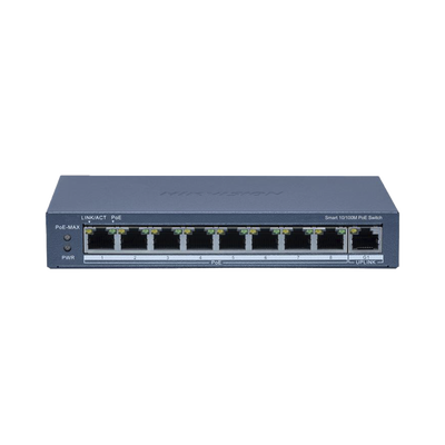 Switch PoE+   Monitoreable   8 Puertos 10 100 Mbps PoE+   1 Puerto 1000 Mbps Uplink    Configuración Nube Hik-Partner Pro   Modo Extendido hasta 300 metros   60 W