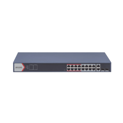 Switch PoE+   Monitoreable   16 puertos 10 100 Mbps PoE+   2 Puertos 1000 Mbps Uplink   2 Puertos SFP de Uplink    Configuración Nube Hik-Partner Pro   Modo Extendido hasta 300 metros   230 W