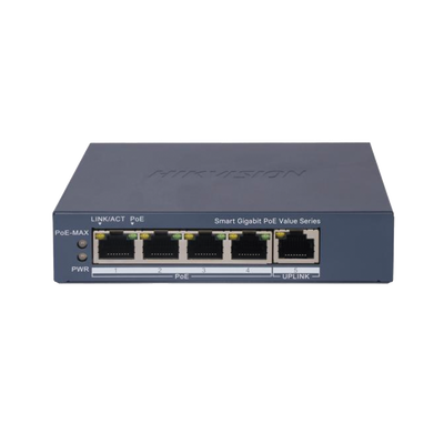 Switch Gigabit PoE+   Monitoreable   4 Puertos 1000 Mbps PoE+   1 Puerto 1000 Mbps Uplink   Configuración Nube Hik-PartnerPro   Modo Extendido hasta 300 Metros   45 Watts