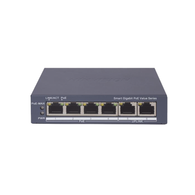 Switch Gigabit PoE+   Administrable   4 Puertos 1000 Mbps PoE+   2 Puertos 1000 Mbps Uplink   Configuración Nube Hik-PartnerPro   Modo Extendido hasta 300 Metros   45 Watts