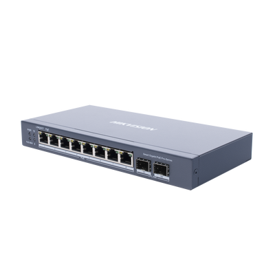 Switch Gigabit PoE+   Administrable   8 Puertos Gigabit PoE+   2 Puertos SFP   Configuración Nube Hik-Partner Pro   Modo Extendido hasta 300 Metros   110 W