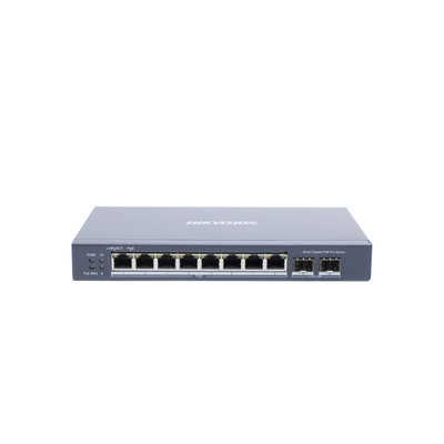 Switch Gigabit PoE+   Administrable   8 Puertos Gigabit PoE+   2 Puertos SFP   Configuración Nube Hik-Partner Pro   Modo Extendido hasta 300 Metros   110 W
