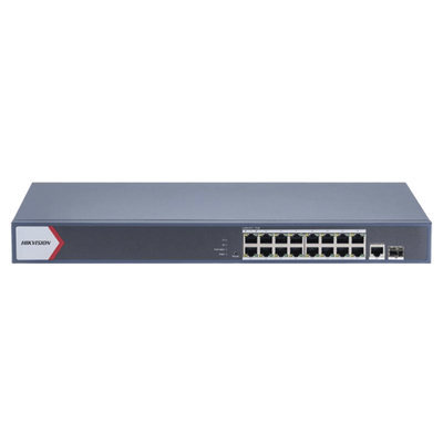 Switch Gigabit PoE+   Monitoreable   16 Puertos 1000 Mbps PoE+   1 Puerto 1000 Mbps de Uplink   1 Puerto SFP    Configuración Nube desde Hik-PartnerPro   Modo Extendido hasta 300 Metros   130 Watts