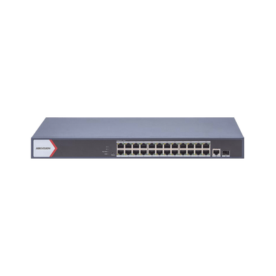 Switch Gigabit PoE+   Administrable   24 Puertos 1000 Mbps PoE+    1 Puerto 100 uplink   1 Puerto 1000 Mbps Uplink   1 Puertos SFP Uplink   Configuración Nube desde Hik-PartnerPro   Modo Extendido hasta 300 Metros   370 W