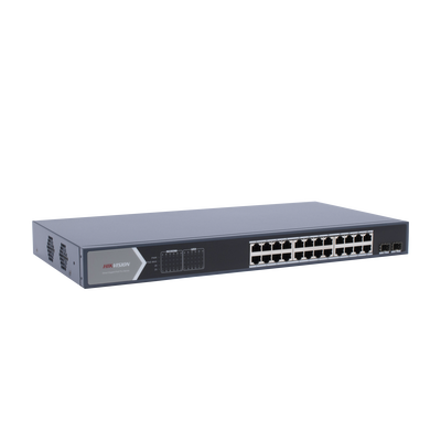 Switch Gigabit PoE+   Administrable   24 Puertos 1000 Mbps PoE+   2 Puertos SFP   Configuración Remota desde Hik-PartnerPro   PoE Extendido 250 Metros   370 Watts