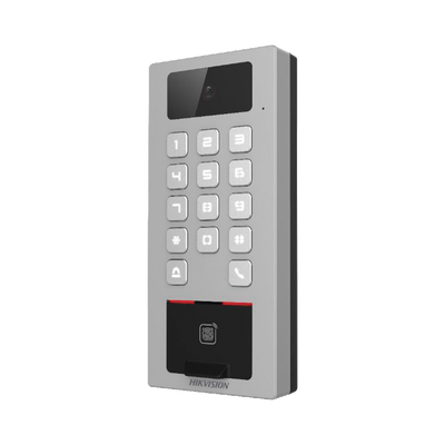 Lector Biometrico con Teclado para Exterior Antivandálico IP65 & IK09 con función de Videoportero Multiapartamento    Huella, Tarjeta, Código QR, PIN o App HikConnect    Cámara 2 MP compatible con NVRs   Soporta biom