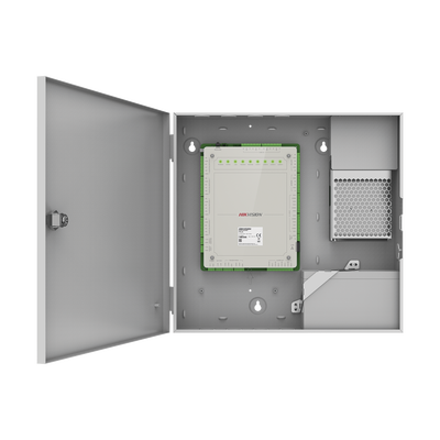 Controlador de Acceso 4 Puertas Administrable en la Nube con Hik-Connect Teams   Interfaz Web   8 Lectores de Huella o Tarjeta   100,000 Tarjetas   10,000 Huellas   Incluye Gabinete y Fuente de Alimentación 12Vcd 8 A   Soporta Batería de Res