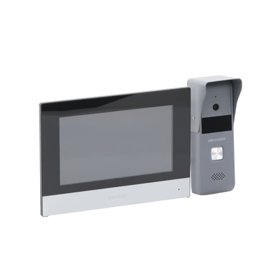 Kit de Videoportero Analógico de Metal   IP a 4 Hilos con Función de Llamada a App Hik-Connect   Monitor se Conecta a Internet por Cable o WiFi y por 4 Hilos al Frente de Calle  IP65   Expandible a Mas Equipos