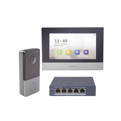 Kit de Videoportero IP + Switch Poe Poe Estandar con llamada a App de Smartphone (HikConnect)   Apertura con tarjeta MIFARE   Frente de calle IP65   Soporta 1 Departamento