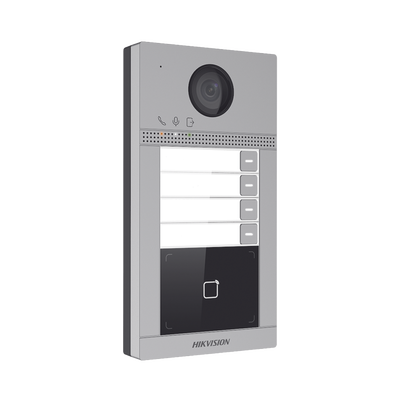 Videoportero IP 2 Megapixel   Llamada y Apertura Remota desde App Hik-Connect (Requiere monitor )  PoE   Exterior IP65 + Antivandalico IK08   4 Departamento   Apertura con Tarjeta   Soporta 2 Puertas y hasta 6 Monitores
