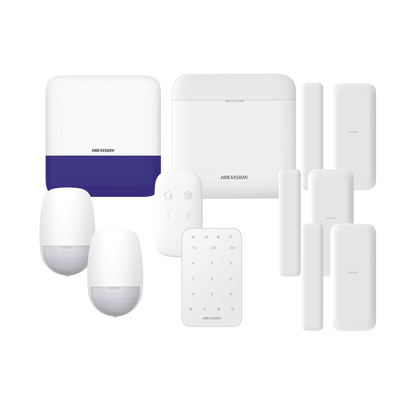 (AX PRO) KIT de Alarma AX PRO   Incluye: 1 Hub con batería de respaldo  2 Sensores PIR   3 Contactos Magnéticos mini   1 Control Remoto   1 Sirena Inalambrica Exterior  1 Teclado Inalámbrico   WiFi   Compatible con Hik-Connect P2P