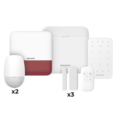 (AX PRO) KIT de Alarma AX PRO   Incluye: 1 Hub   2 Sensores PIR   3 Contactos Magnéticos mini   1 Control Remoto   1 Sirena Estrobo en color Rojo Inalámbrica Exterior  1 Teclado Inalámbrico   Wi-Fi   Compatible con Hik-Connect P2P