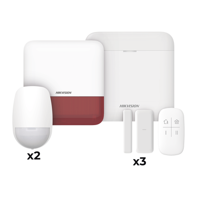 (AX PRO) KIT de Alarma AX PRO   Incluye: 1 Hub con batería de respaldo   2 Sensores PIR   3 Contactos Magnéticos mini   1 Control Remoto   1 Sirena Inalambrica Exterior color rojo    WiFi   Compatible con Hik-Connect P2P