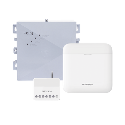 (AX PRO + YONUSA) KIT de Alarma AX PRO   Incluye: 1 Hub con bateria de respaldo   1 Energizador 2500Mts Lineales   1 Relevador  0 a 36 Vcc (Max. 5 A) con Entrada de Alarma 27 7