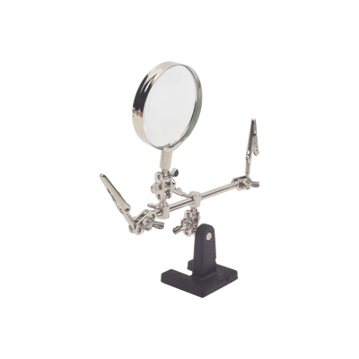 Soporte con lupa y dos brazos con clip. Ideal para trabajos de soldadura.