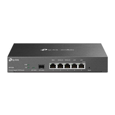 Router Omada VPN   SDN Multi-WAN Gigabit   1 Puerto WAN SFP Gigabit   1 Puerto WAN RJ45 Gigabit   2 Puertos LAN RJ45 Gigabit   2 Puertos Configurables LAN WAN   150,000 Sesiones Concurrentes   Administración Centralizada Omada o Stand-Alone