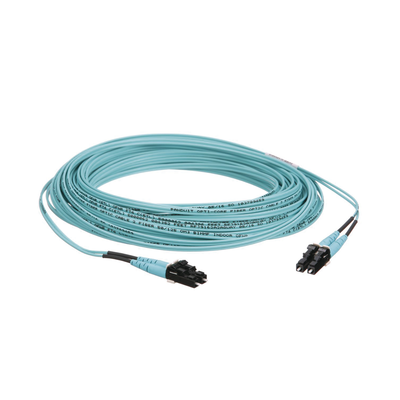 Jumper de Fibra Optica Multimodo 50 125 OM3, LC-LC Duplex, OFNR (Riser), Color Aqua, 15 Metros