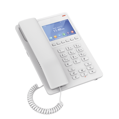 Teléfono IP Hotelero con pantalla LCD a color, 2 líneas SIP con 2 cuentas, codec Opus, IPV4 IPV6, color blanco, con gestión en la nube GDMS