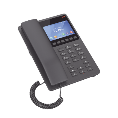 Teléfono IP Hotelero con pantalla LCD a color, 2 líneas SIP con 2 cuentas, codec Opus, IPV4 IPV6, color negro, con gestión en la nube GDMS