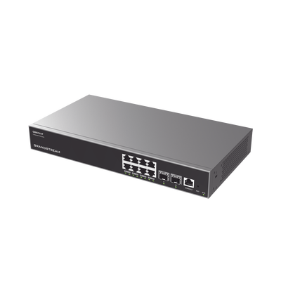Switch Capa 3 PoE+ Administrable   8 puertos 10 100 1000 Mbps + 2 Puertos SFP+ de 10 Gigabits   Hasta 120W   Compatible con GWN Cloud.