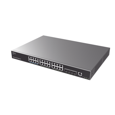 Switch Capa 3 PoE+ Administrable   24 puertos 10 100 1000 Mbps + 4 Puertos SFP+ de 10 Gigabits   Hasta 360W   Compatible con GWN Cloud.