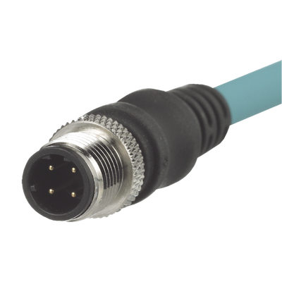 Cable de Conexión IndustrialNet Cat5e, Con Conector Recto M12 D-Code Macho en Ambos Extremos, Blindado S FTP, Forro TPO, Color Azul Cerceta, 1 Metro