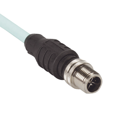 Cable de Conexión IndustrialNet Cat6A, Con Conector Recto M12 X-Code Macho en Ambos Extremos, Blindado SF UTP, Forro TPO, Color Azul Cerceta, 5 Metros
