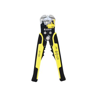 Pinza multifuncional Pelacables, con terminal de pestaña, prensado automático de color amarillo.