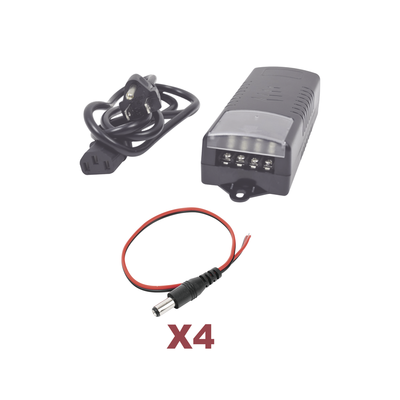 Kit con fuente EPCOM con salida de 12 Vcc a 5 Amper con 4 salidas   Incluye conectores